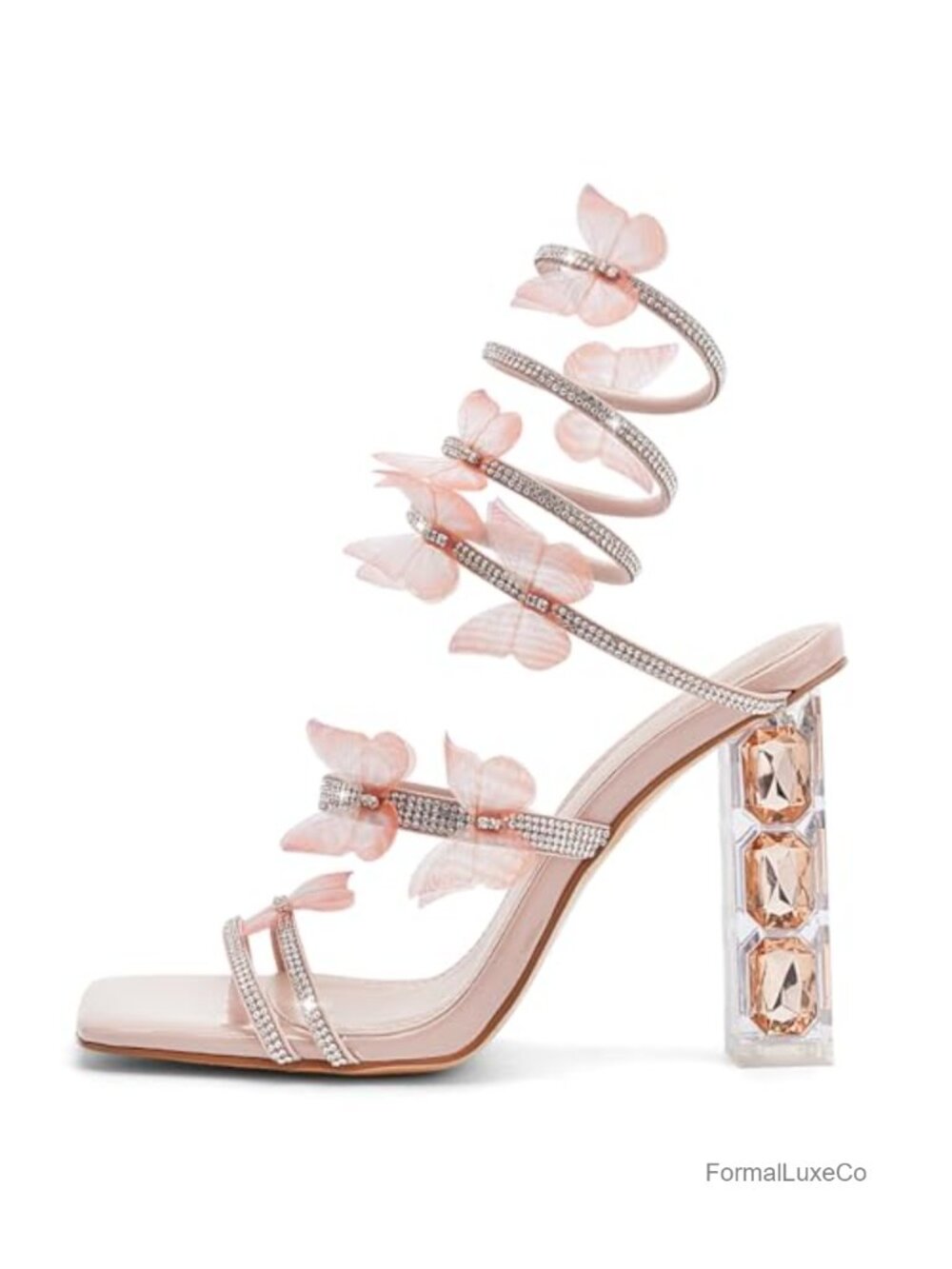 Square Toe Rhinestone Butterfly Prom Sandals Heels - Picture 3 of 6